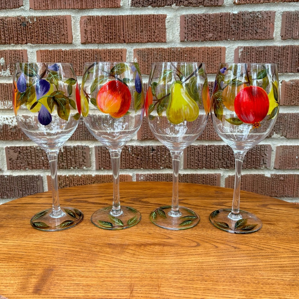 Hand Painted fruit glass 12 oz. Wine or Water Goblets Set of 4 Gift